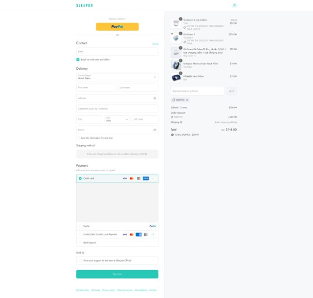 Sleepon checkout page showing Sleepon discount code box | Screenshot taken by SimplyCodes community member on Sep 4, 2025