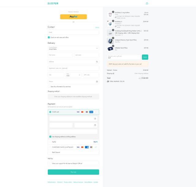 Sleepon checkout page showing Sleepon discount code box | Screenshot taken by SimplyCodes community member on Aug 31, 2025