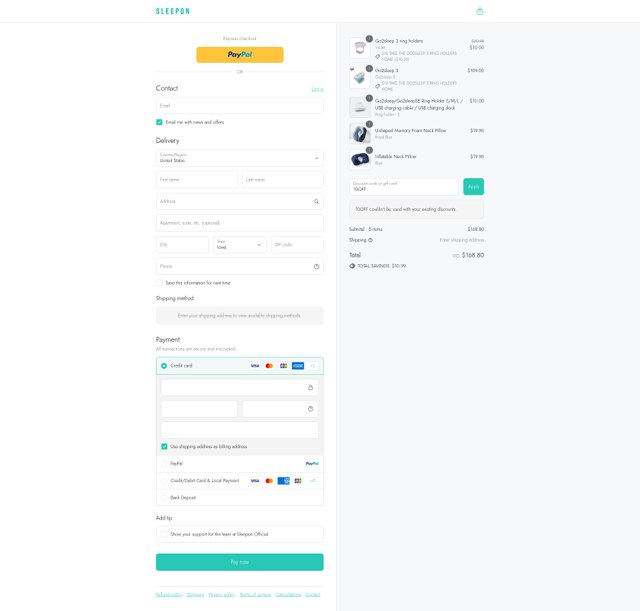 Sleepon checkout page showing Sleepon discount code box | Screenshot taken by SimplyCodes community member on Aug 31, 2025