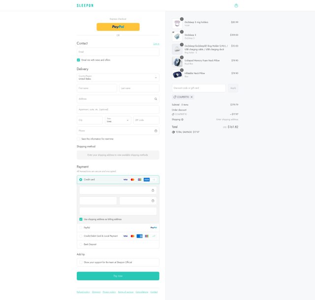 Sleepon checkout page showing Sleepon discount code box | Screenshot taken by SimplyCodes community member on Sep 4, 2025