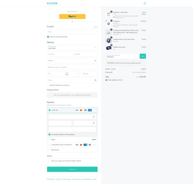 Sleepon checkout page showing Sleepon discount code box | Screenshot taken by SimplyCodes community member on Aug 31, 2025