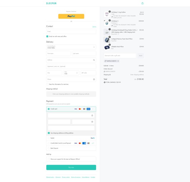 Sleepon checkout page showing Sleepon discount code box | Screenshot taken by SimplyCodes community member on Sep 4, 2025