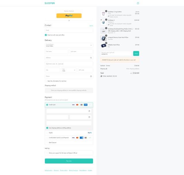 Sleepon checkout page showing Sleepon discount code box | Screenshot taken by SimplyCodes community member on Sep 4, 2025