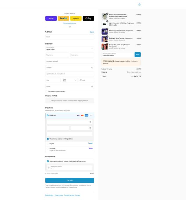 SleepPhones checkout page showing SleepPhones promo code box | Screenshot taken by SimplyCodes community member on Sep 13, 2025