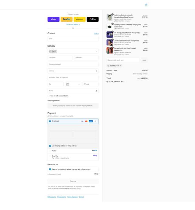 SleepPhones checkout page showing SleepPhones promo code box | Screenshot taken by SimplyCodes community member on Sep 9, 2025