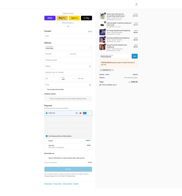 SleepPhones checkout page showing SleepPhones promo code box | Screenshot taken by SimplyCodes community member on Sep 9, 2025