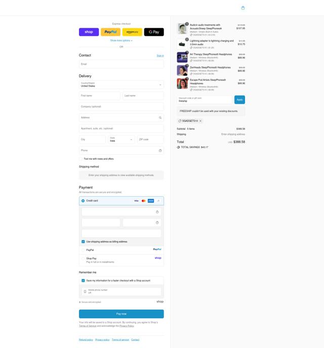 SleepPhones checkout page showing SleepPhones promo code box | Screenshot taken by SimplyCodes community member on Sep 9, 2025