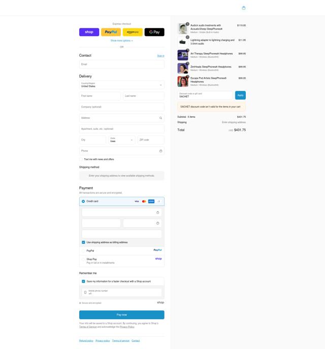 SleepPhones checkout page showing SleepPhones promo code box | Screenshot taken by SimplyCodes community member on Sep 13, 2025