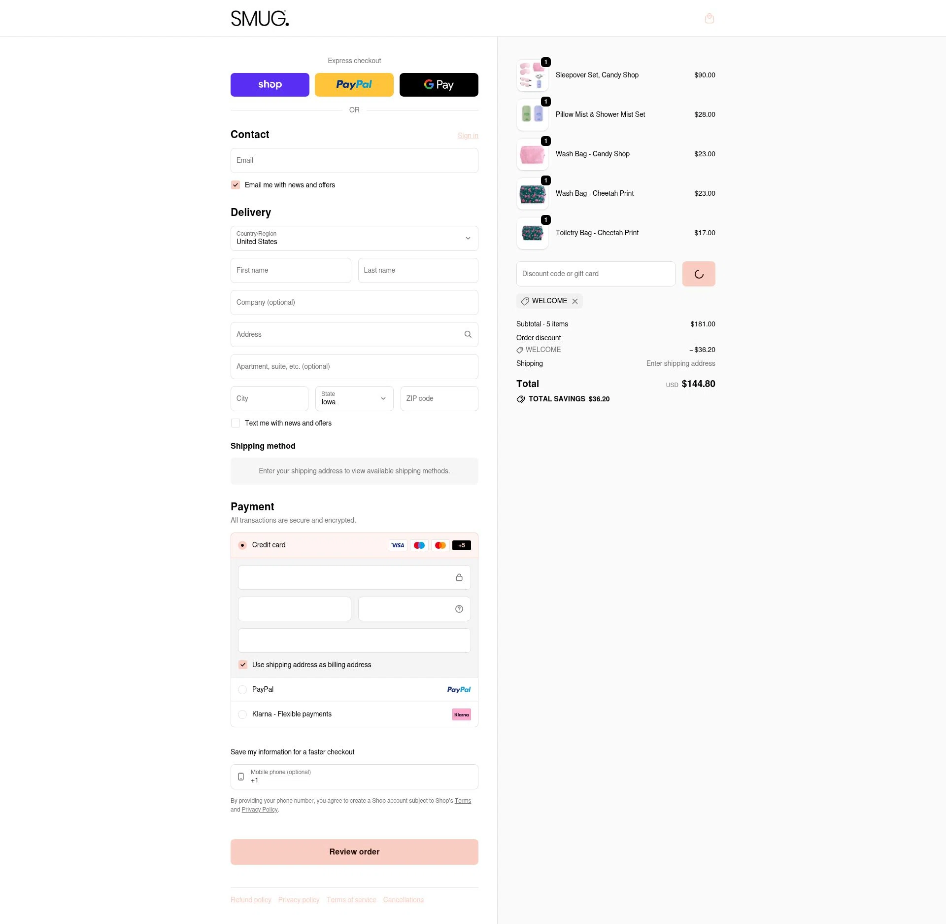 Smug. checkout page showing Smug. discount code box | Screenshot taken by SimplyCodes community member on Feb 9, 2026