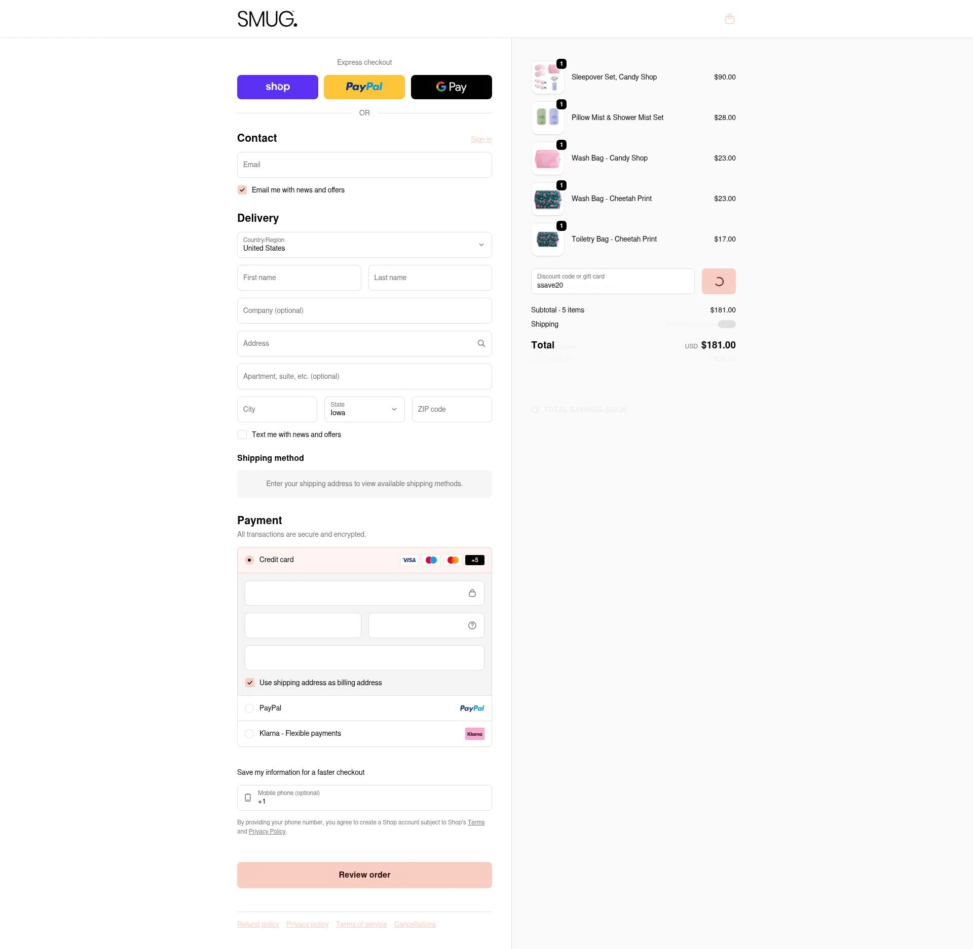 Smug. checkout page showing Smug. discount code box | Screenshot taken by SimplyCodes community member on Feb 9, 2026
