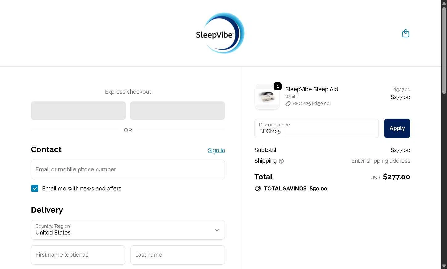 SleepVibe checkout page showing SleepVibe promo code box | Screenshot taken by SimplyCodes community member on Dec 29, 2025