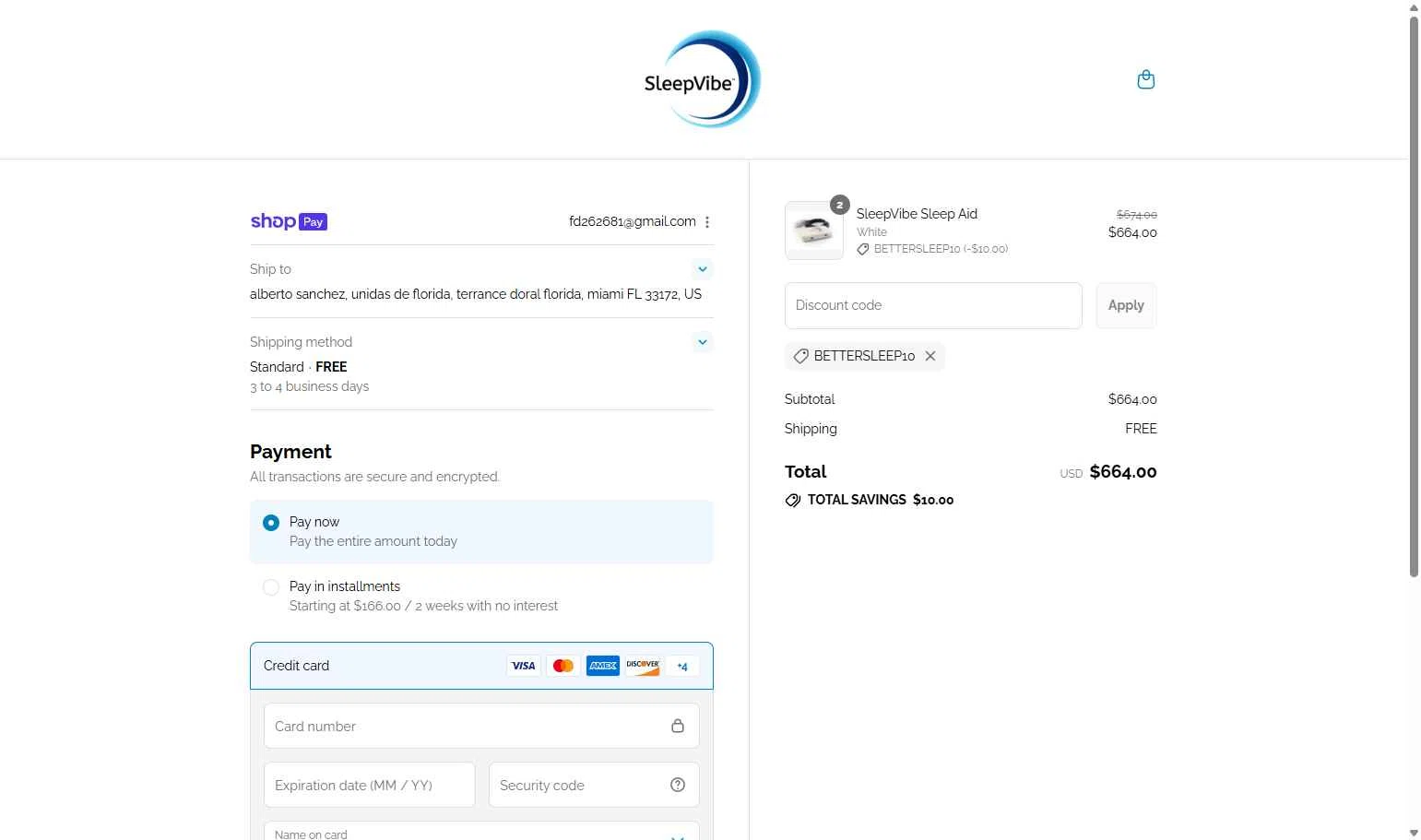 SleepVibe checkout page showing SleepVibe promo code box | Screenshot taken by SimplyCodes community member on Aug 27, 2025
