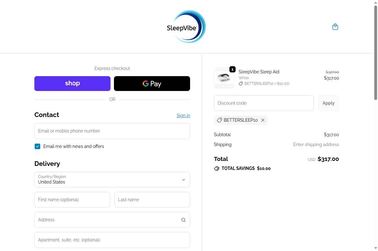 SleepVibe checkout page showing SleepVibe promo code box | Screenshot taken by SimplyCodes community member on Sep 25, 2025
