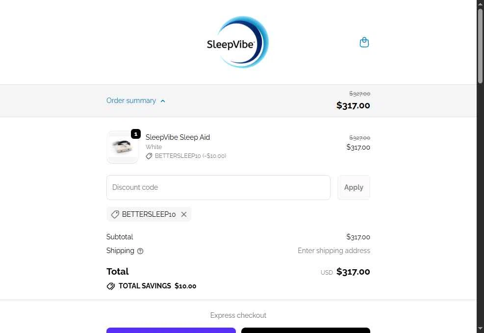 SleepVibe checkout page showing SleepVibe promo code box | Screenshot taken by SimplyCodes community member on Nov 22, 2025