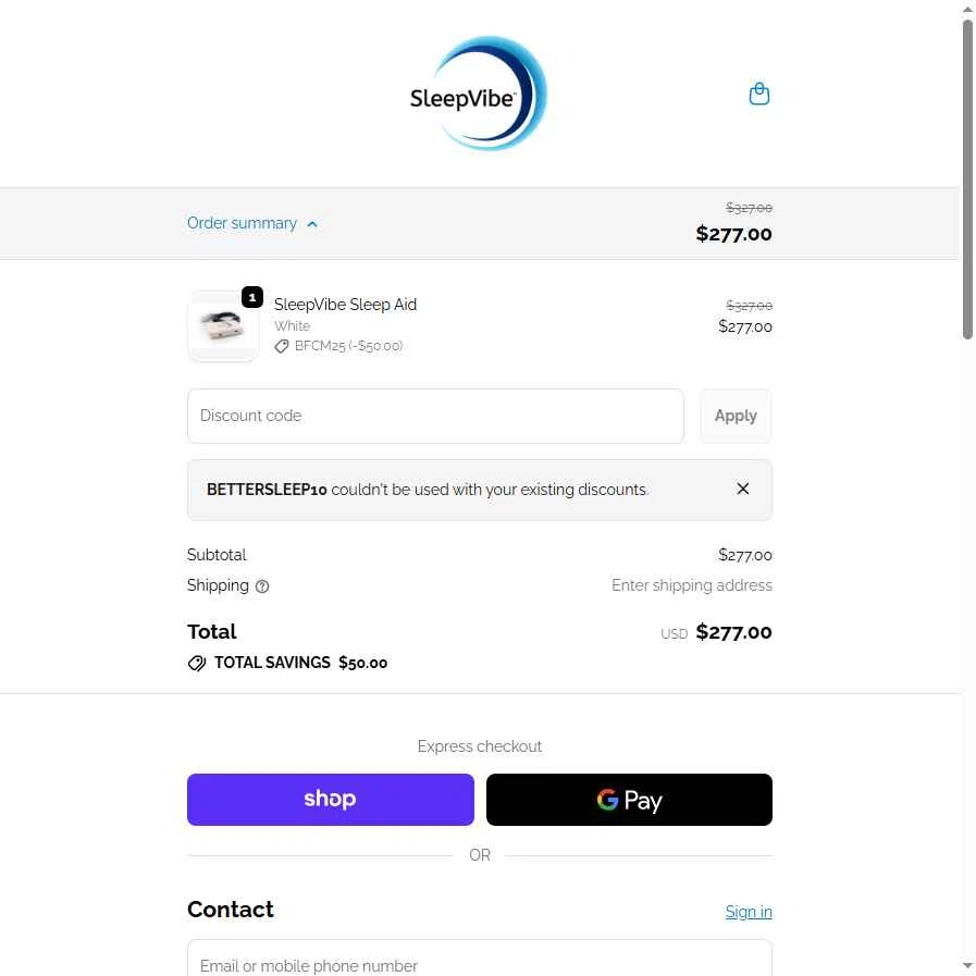 SleepVibe checkout page showing SleepVibe promo code box | Screenshot taken by SimplyCodes community member on Dec 21, 2025