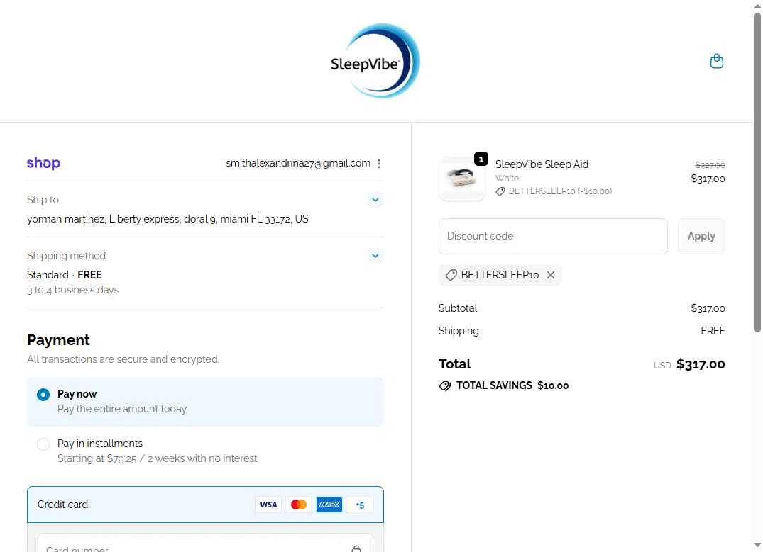 SleepVibe checkout page showing SleepVibe promo code box | Screenshot taken by SimplyCodes community member on Sep 25, 2025