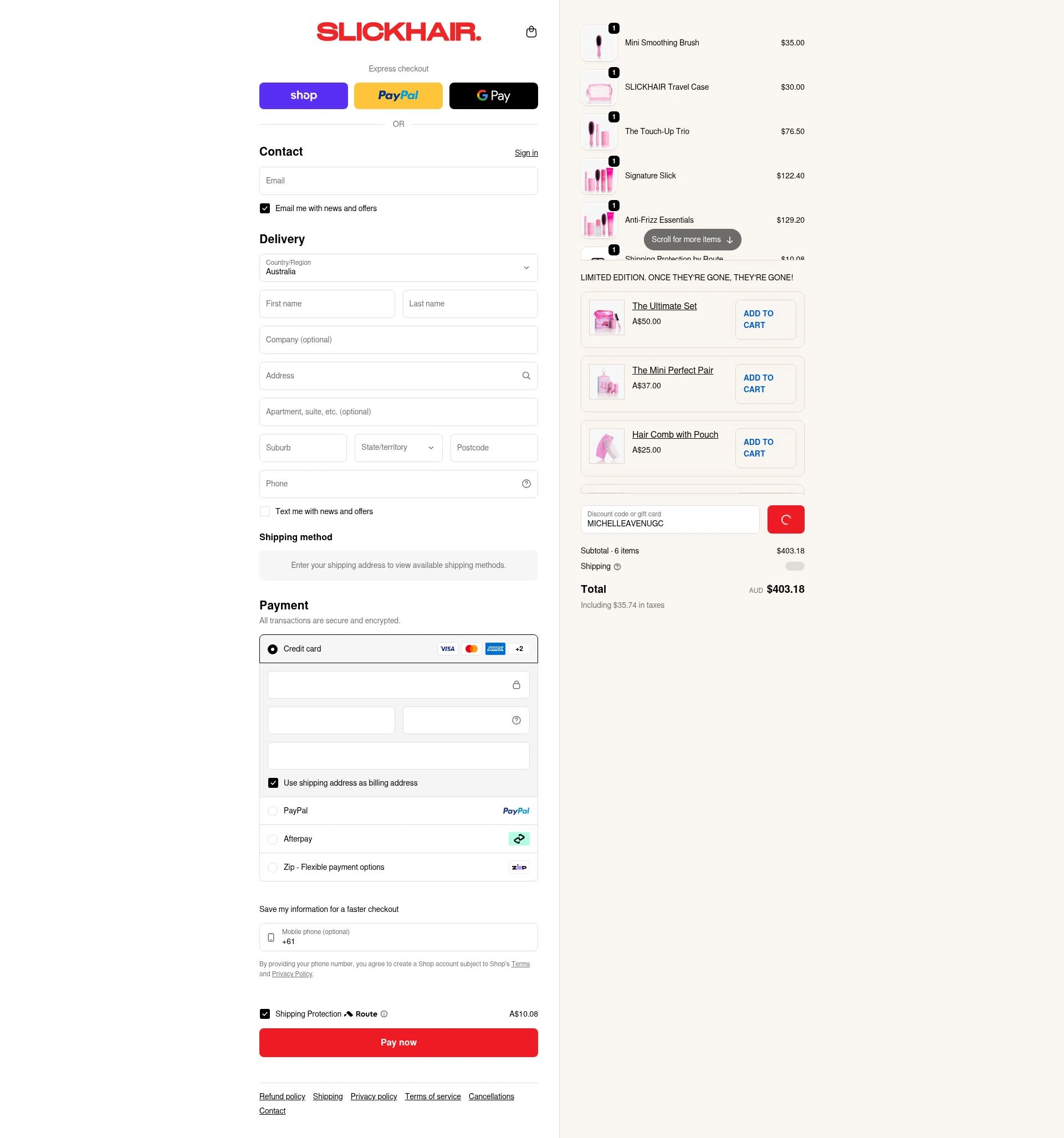 Slick Hair checkout page showing Slick Hair discount code box | Screenshot taken by SimplyCodes community member on Feb 10, 2026