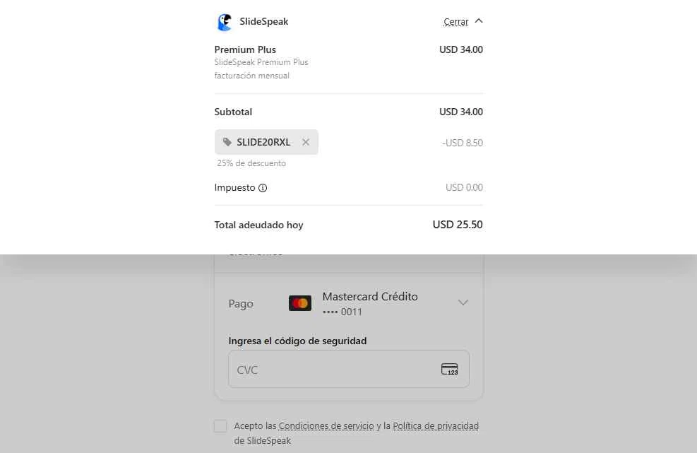 SlideSpeak checkout page showing SlideSpeak promo code box | Screenshot taken by SimplyCodes community member on Oct 11, 2025