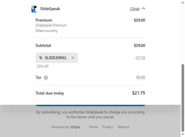 SlideSpeak checkout page showing SlideSpeak promo code box | Screenshot taken by SimplyCodes community member on Jan 25, 2026