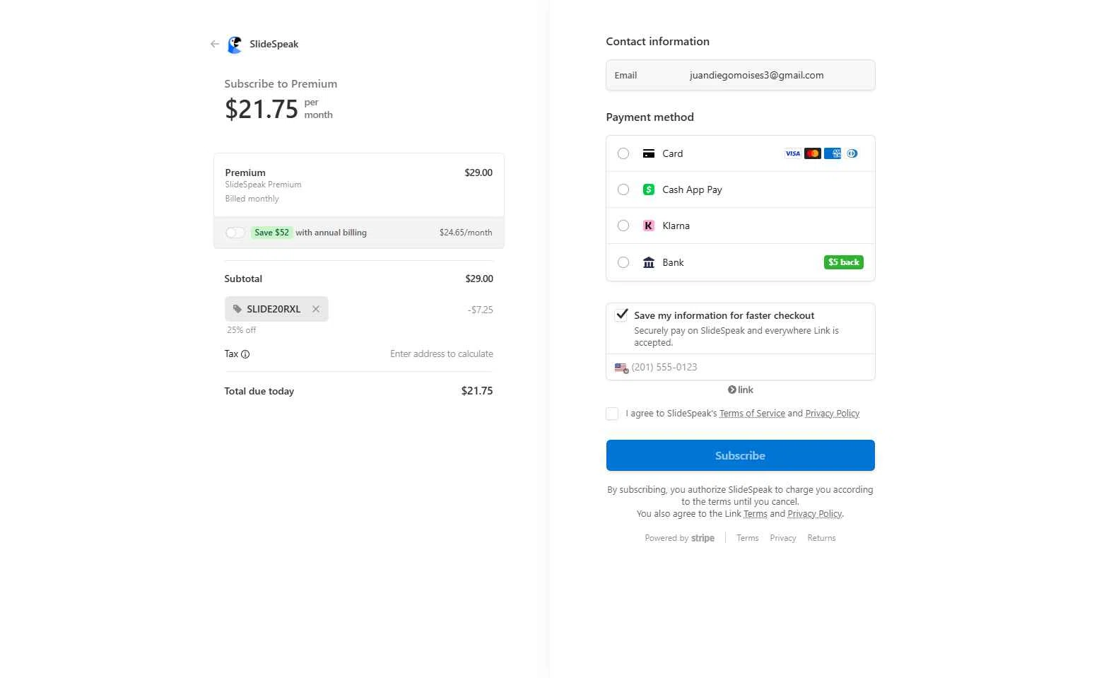 SlideSpeak checkout page showing SlideSpeak promo code box | Screenshot taken by SimplyCodes community member on Jul 17, 2025