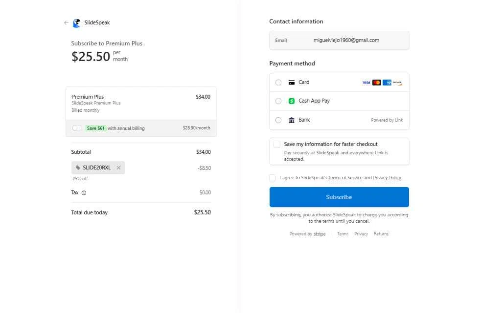 SlideSpeak checkout page showing SlideSpeak promo code box | Screenshot taken by SimplyCodes community member on Jan 17, 2026