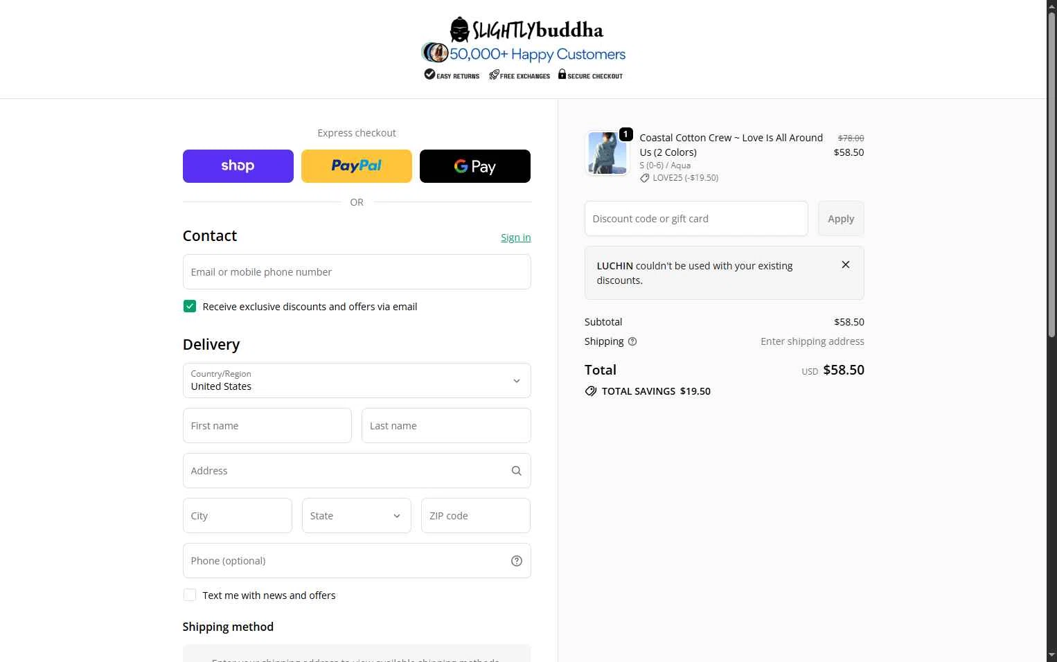 Slightly Buddha checkout page showing Slightly Buddha discount code box | Screenshot taken by SimplyCodes community member on Feb 13, 2026