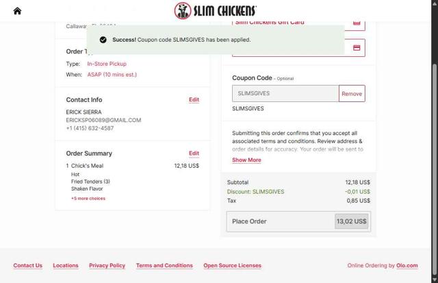 Slim Chickens checkout page showing Slim Chickens coupon code box | Screenshot taken by SimplyCodes community member on May 23, 2025