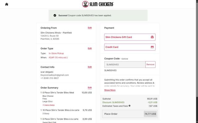 Slim Chickens checkout page showing Slim Chickens coupon code box | Screenshot taken by SimplyCodes community member on Aug 12, 2025