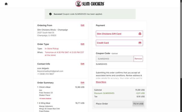 Slim Chickens checkout page showing Slim Chickens coupon code box | Screenshot taken by SimplyCodes community member on Jul 4, 2025