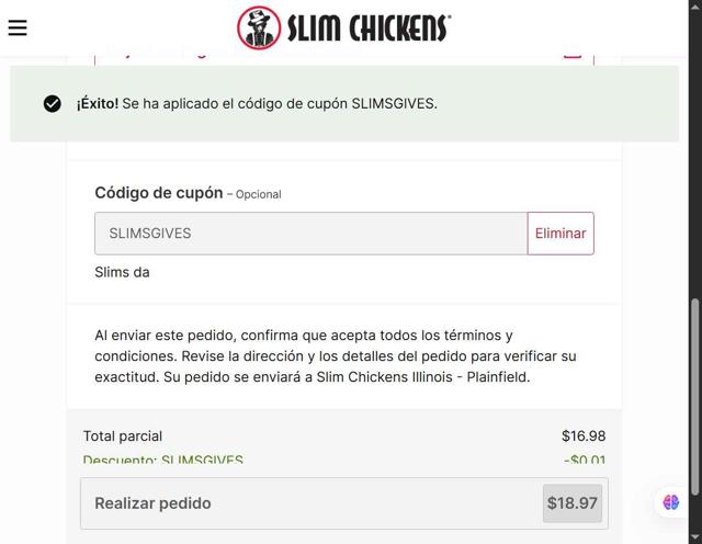 Slim Chickens checkout page showing Slim Chickens coupon code box | Screenshot taken by SimplyCodes community member on Sep 10, 2025