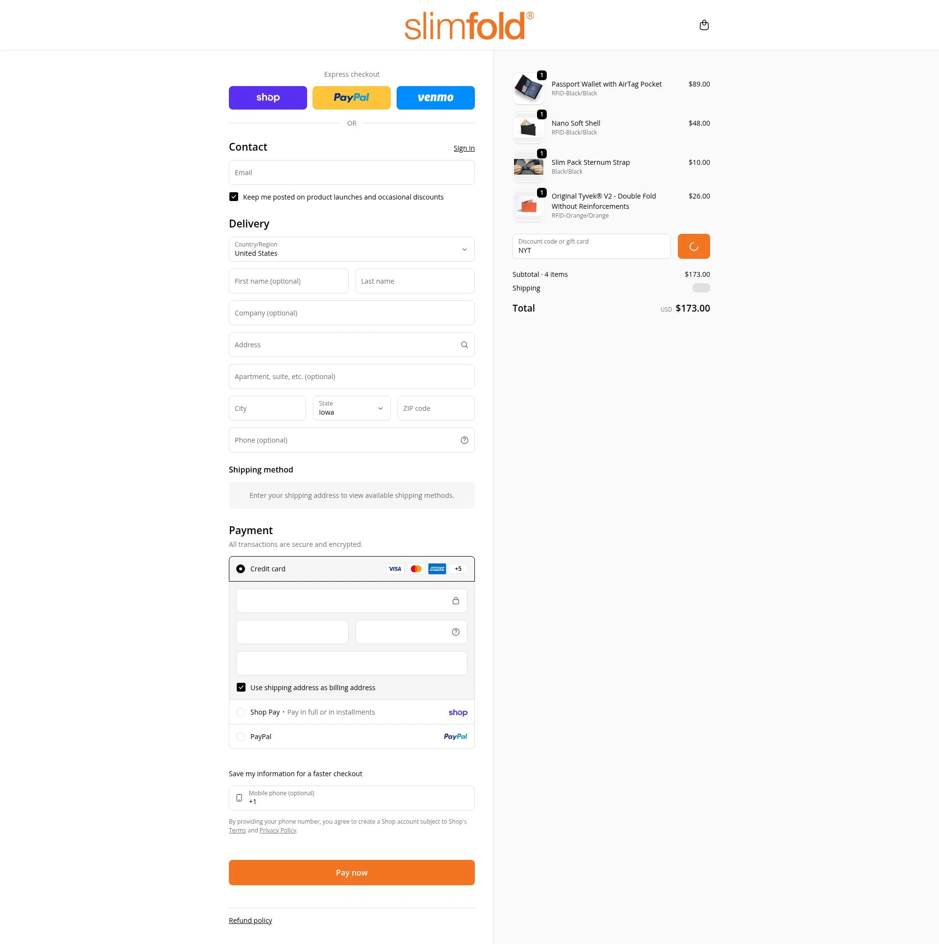 SlimFold checkout page showing SlimFold discount code box | Screenshot taken by SimplyCodes community member on Feb 8, 2026
