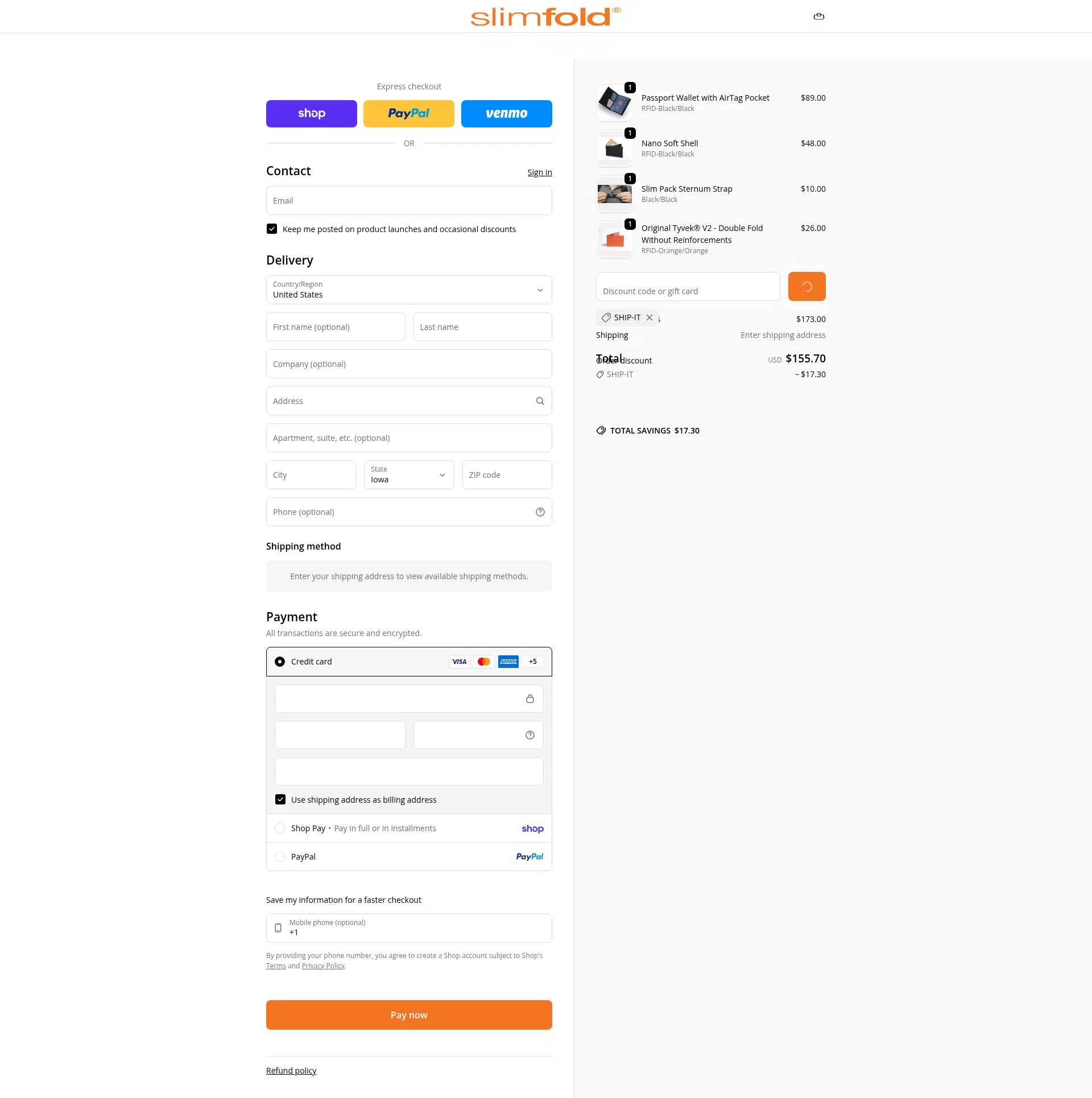 SlimFold checkout page showing SlimFold discount code box | Screenshot taken by SimplyCodes community member on Feb 8, 2026