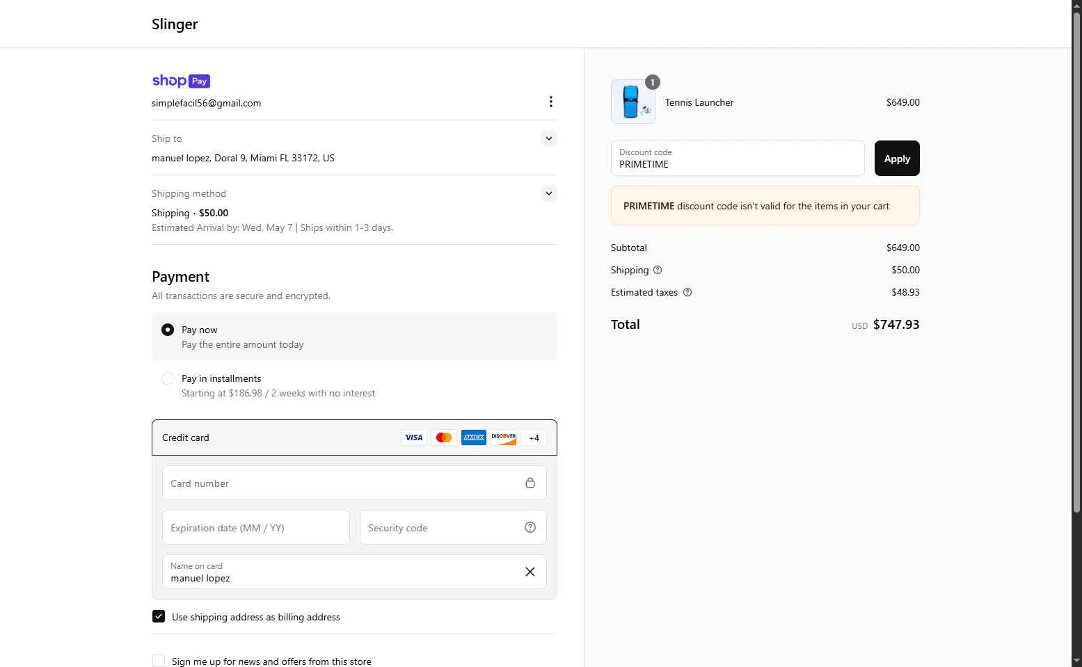 Slinger Bag checkout page showing Slinger Bag discount code box | Screenshot taken by SimplyCodes community member on Apr 30, 2025