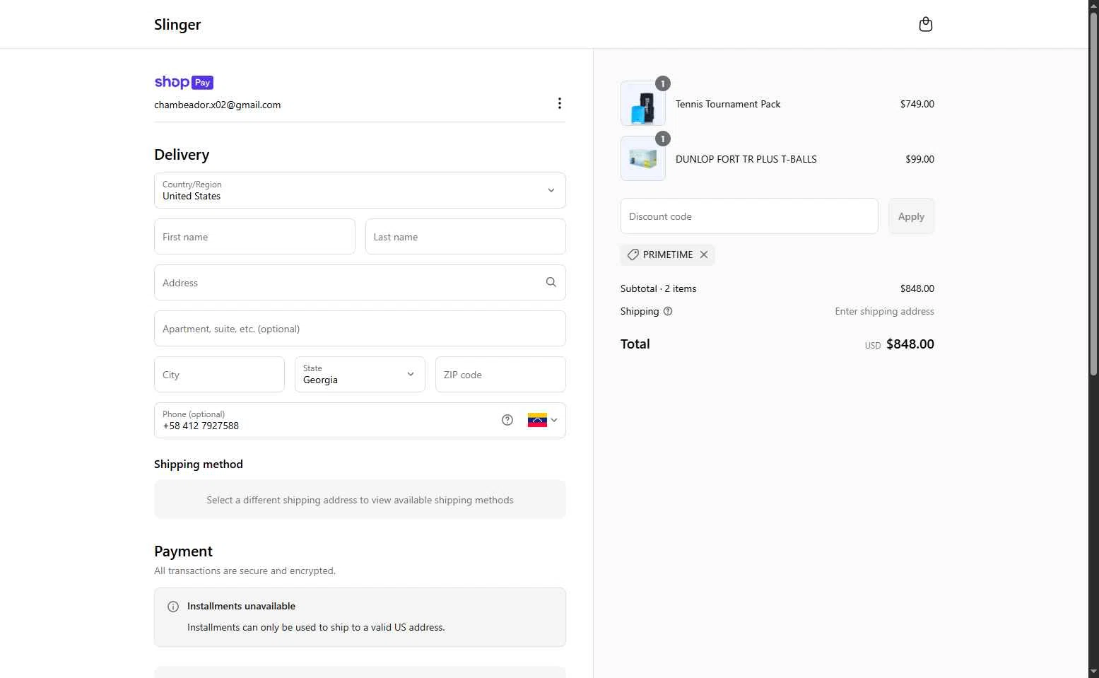 Slinger Bag checkout page showing Slinger Bag discount code box | Screenshot taken by SimplyCodes community member on Apr 25, 2025