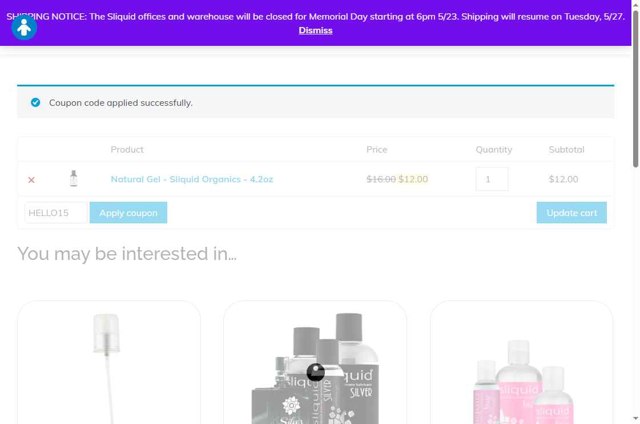 Sliquid checkout page showing Sliquid promo code box | Screenshot taken by SimplyCodes community member on May 26, 2025