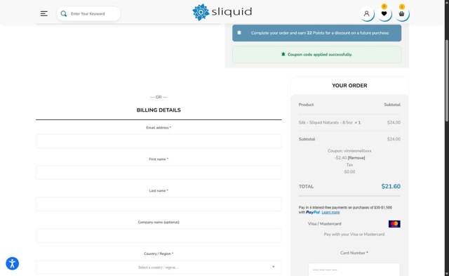 Sliquid checkout page showing Sliquid promo code box | Screenshot taken by SimplyCodes community member on Jul 30, 2025