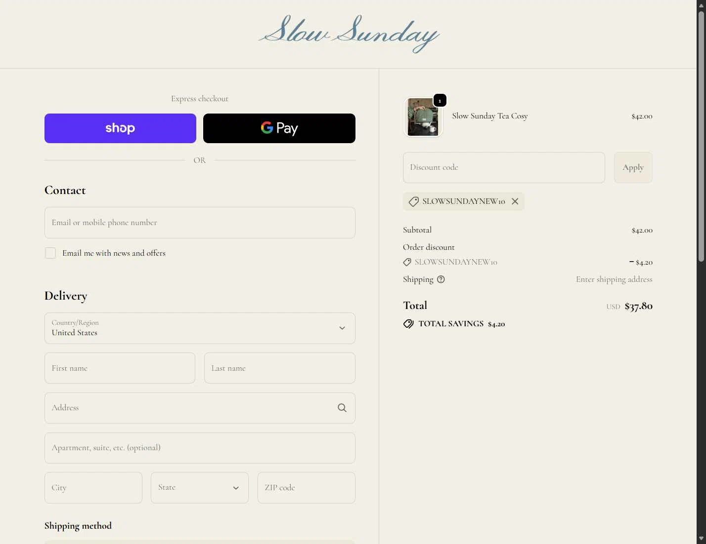 Slow Sunday checkout page showing Slow Sunday promo code box | Screenshot taken by SimplyCodes community member on Nov 24, 2025