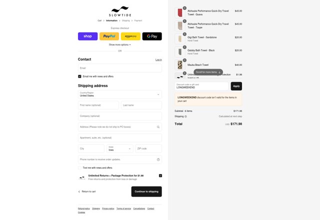 Slowtide checkout page showing Slowtide discount code box | Screenshot taken by SimplyCodes community member on Aug 30, 2025