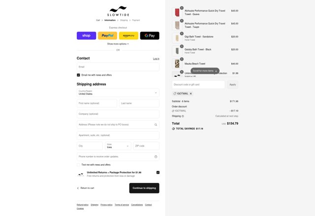 Slowtide checkout page showing Slowtide discount code box | Screenshot taken by SimplyCodes community member on Sep 4, 2025