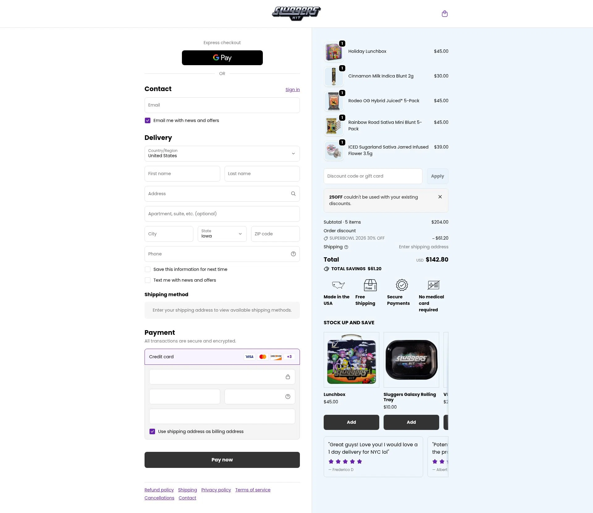 Sluggers checkout page showing Sluggers promo code box | Screenshot taken by SimplyCodes community member on Feb 6, 2026