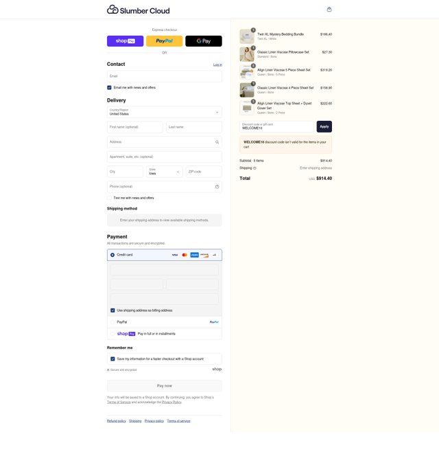Slumber Cloud checkout page showing Slumber Cloud discount code box | Screenshot taken by SimplyCodes community member on Aug 13, 2025