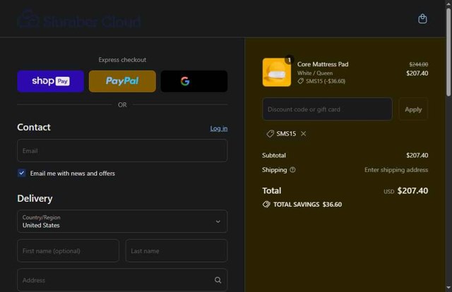Slumber Cloud checkout page showing Slumber Cloud discount code box | Screenshot taken by SimplyCodes community member on Jul 28, 2025