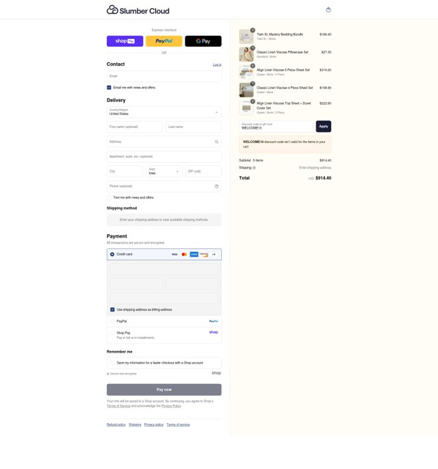 Slumber Cloud checkout page showing Slumber Cloud discount code box | Screenshot taken by SimplyCodes community member on Aug 20, 2025