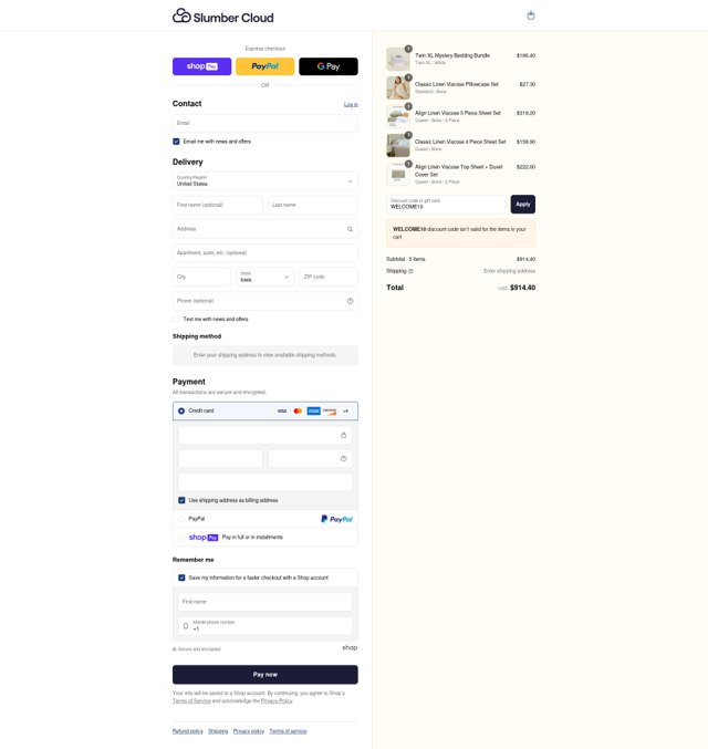 Slumber Cloud checkout page showing Slumber Cloud discount code box | Screenshot taken by SimplyCodes community member on Aug 7, 2025