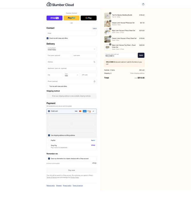 Slumber Cloud checkout page showing Slumber Cloud discount code box | Screenshot taken by SimplyCodes community member on Aug 24, 2025