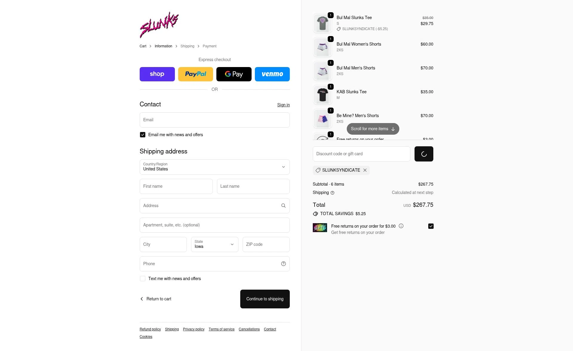 SLUNKS checkout page showing SLUNKS discount code box | Screenshot taken by SimplyCodes community member on Feb 19, 2026