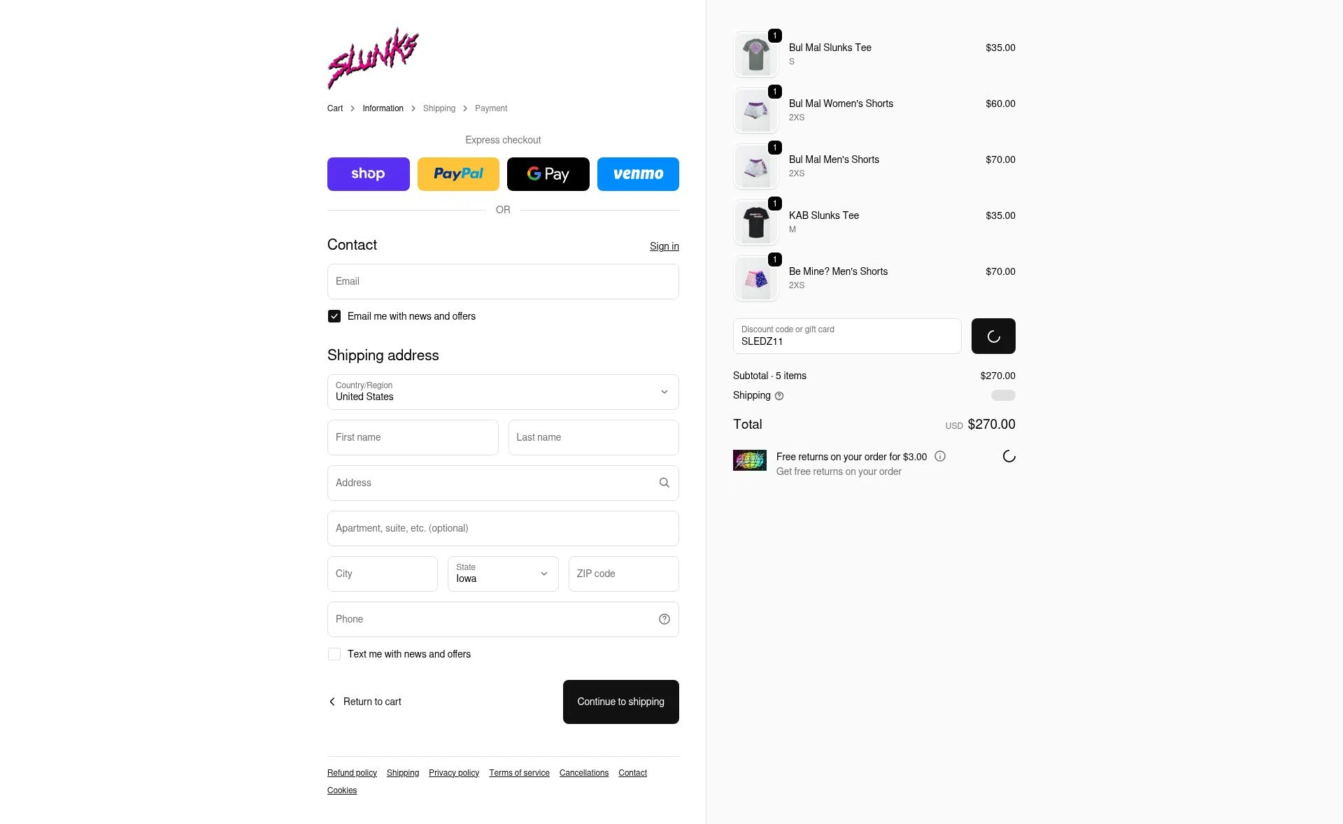 SLUNKS checkout page showing SLUNKS discount code box | Screenshot taken by SimplyCodes community member on Feb 19, 2026