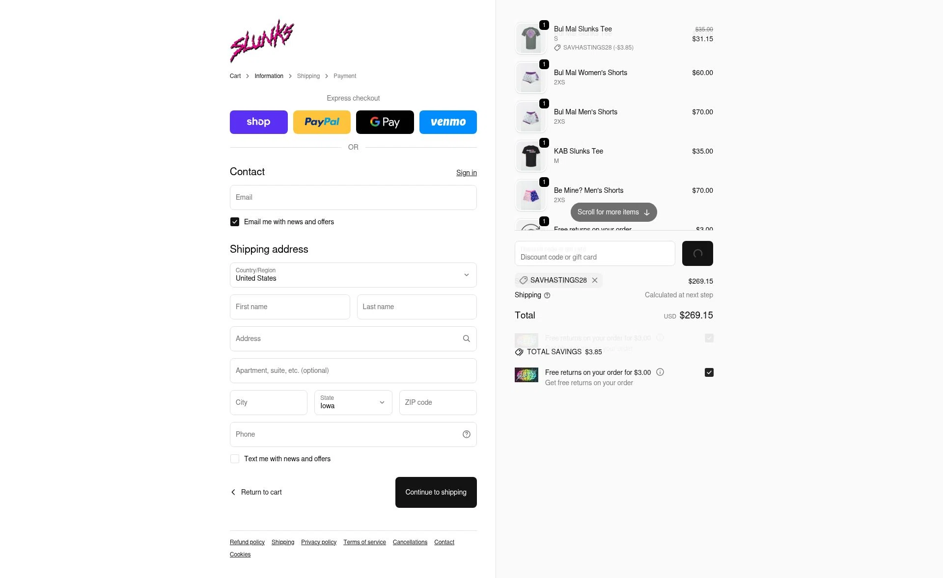 SLUNKS checkout page showing SLUNKS discount code box | Screenshot taken by SimplyCodes community member on Feb 19, 2026