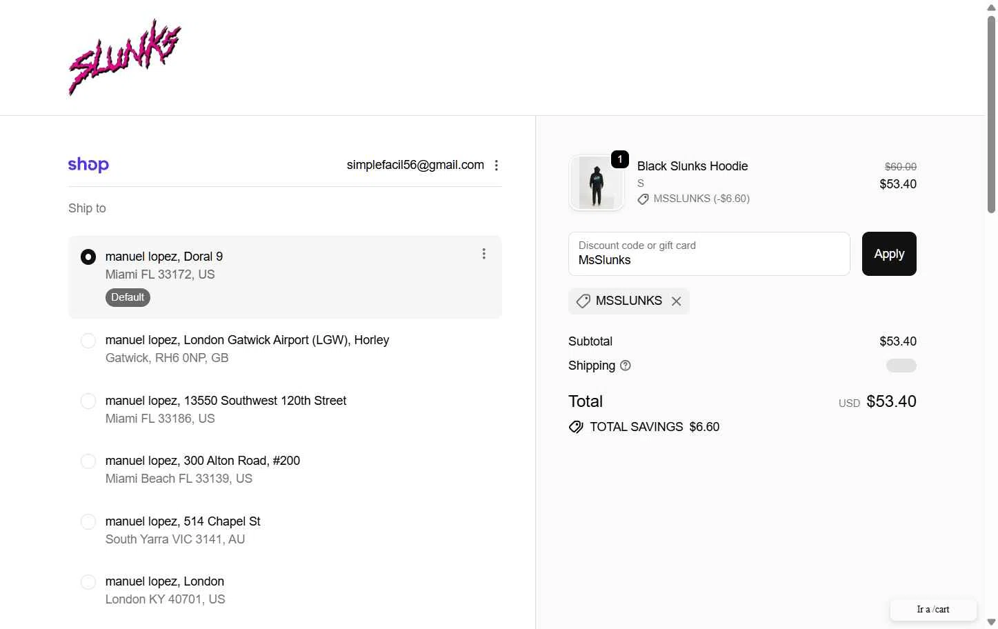 SLUNKS checkout page showing SLUNKS discount code box | Screenshot taken by SimplyCodes community member on Feb 19, 2026