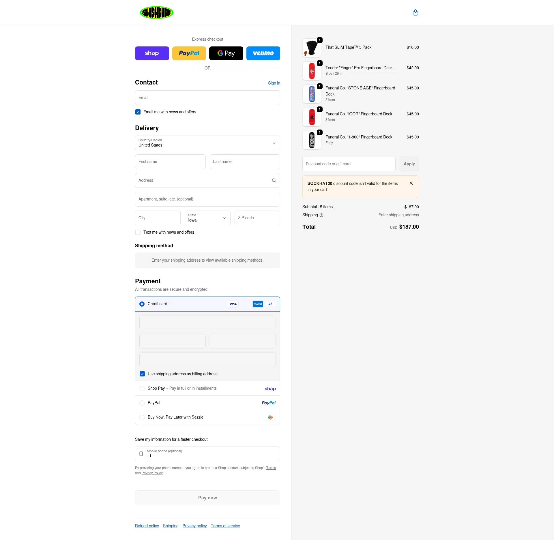 Slushcult checkout page showing Slushcult discount code box | Screenshot taken by SimplyCodes community member on Feb 20, 2026